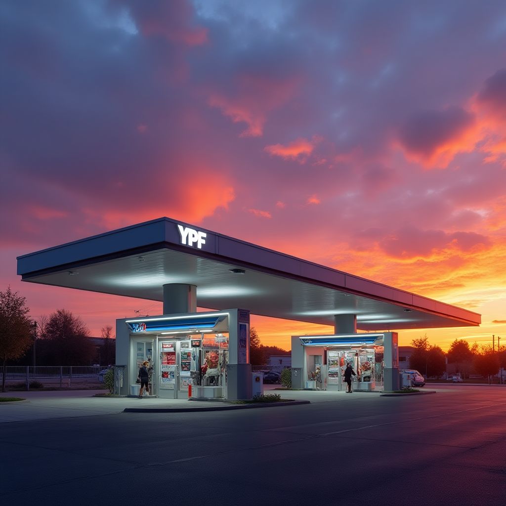 Estación YPF moderna iluminada al atardecer