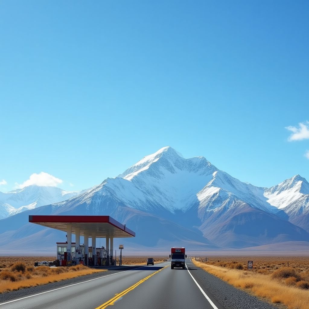 Estación YPF en ruta patagónica con montañas